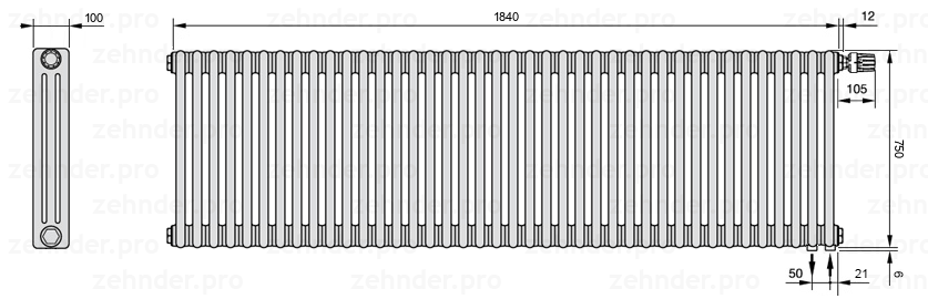 Схема (чертеж) Радиатор Zehnder Charleston 3075/40 №V002 Белый глянцевый RAL 9016